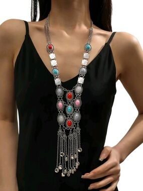 Macy's SOHI Regal Statement Necklace Silver-Tone Multicolor Acrylic Stones